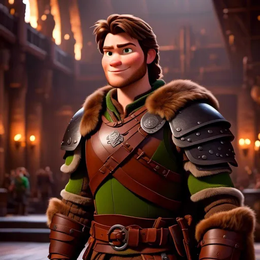 Prompt: <mymodel> viking man, lawyer, thin, small stature, standing in The Great Hall, medium length brown hair, brown eyes, no armor, European-like brown gear, brown leather vest, long sleeve green shirt underneath the brown leather vest, black highlights on his clothes, brown pants, brown boots, historical, strong and natural lighting