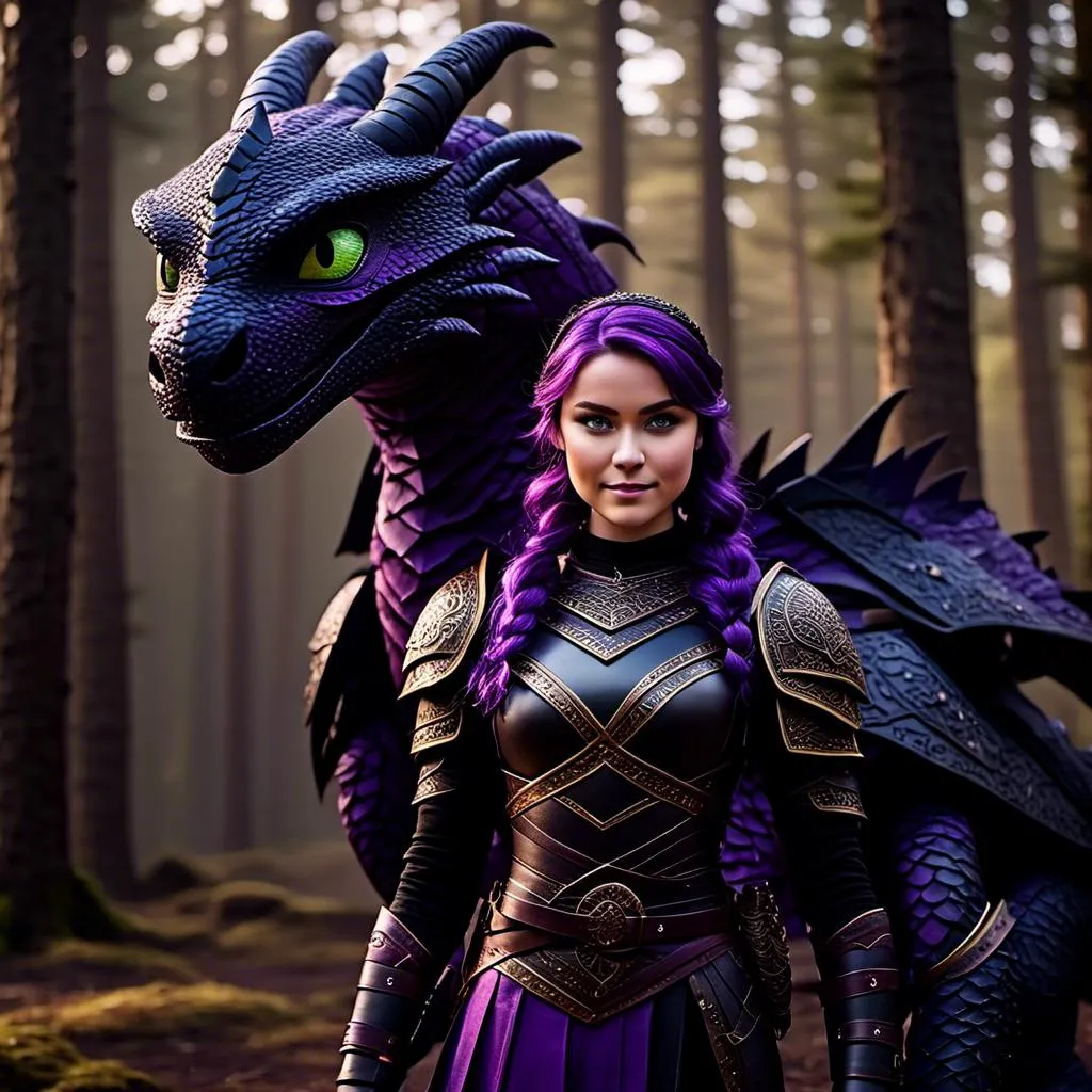 Prompt: Photo of <mymodel> standing next to her ((black)) razorwhip dragon from "How to Train Your Dragon"