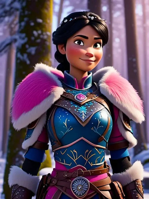 Prompt: <mymodel>CGI Animation, digital art, 20-year-old-old viking woman of royalty standing in the forest, a snowy scene, {{pink gear, blue armor}}, black hair, straight hair with a tiara, subtle smile, unreal engine 8k octane, 3d lighting, close up camera shot on the face, full armor