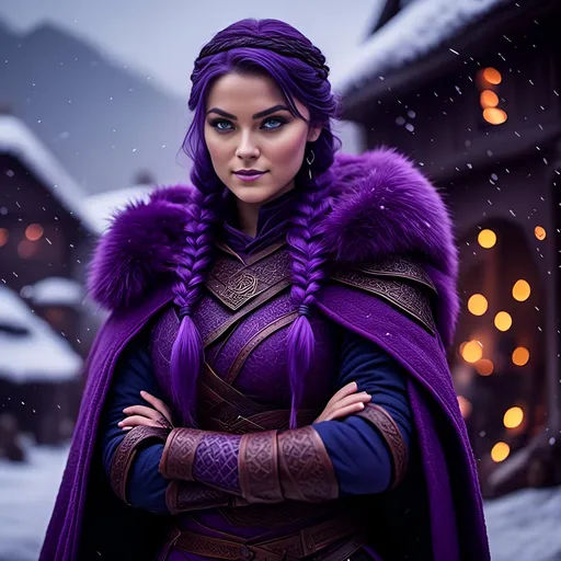 Prompt: Photo of <mymodel> with a heavy purple fur coat wearing a hood with a purple fur edge, she is in a viking village standing as snow falls, ((she has a single braid down her shoulder))