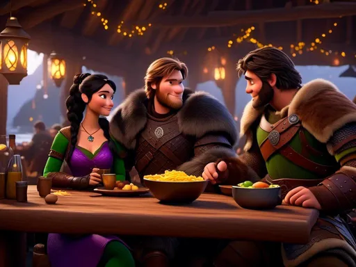 Prompt: <mymodel>CGI Animation, digital art, 20-year-old-old viking woman of royalty standing a busy tavern having a meal with her husband Jarl, Jarl is clean shaven, {{the woman has purple armor}}, black hair, straight hair with a tiara, subtle smile, Jarl has green armor and brown gear, unreal engine 8k octane, 3d lighting, close up camera shot on the face, full armor