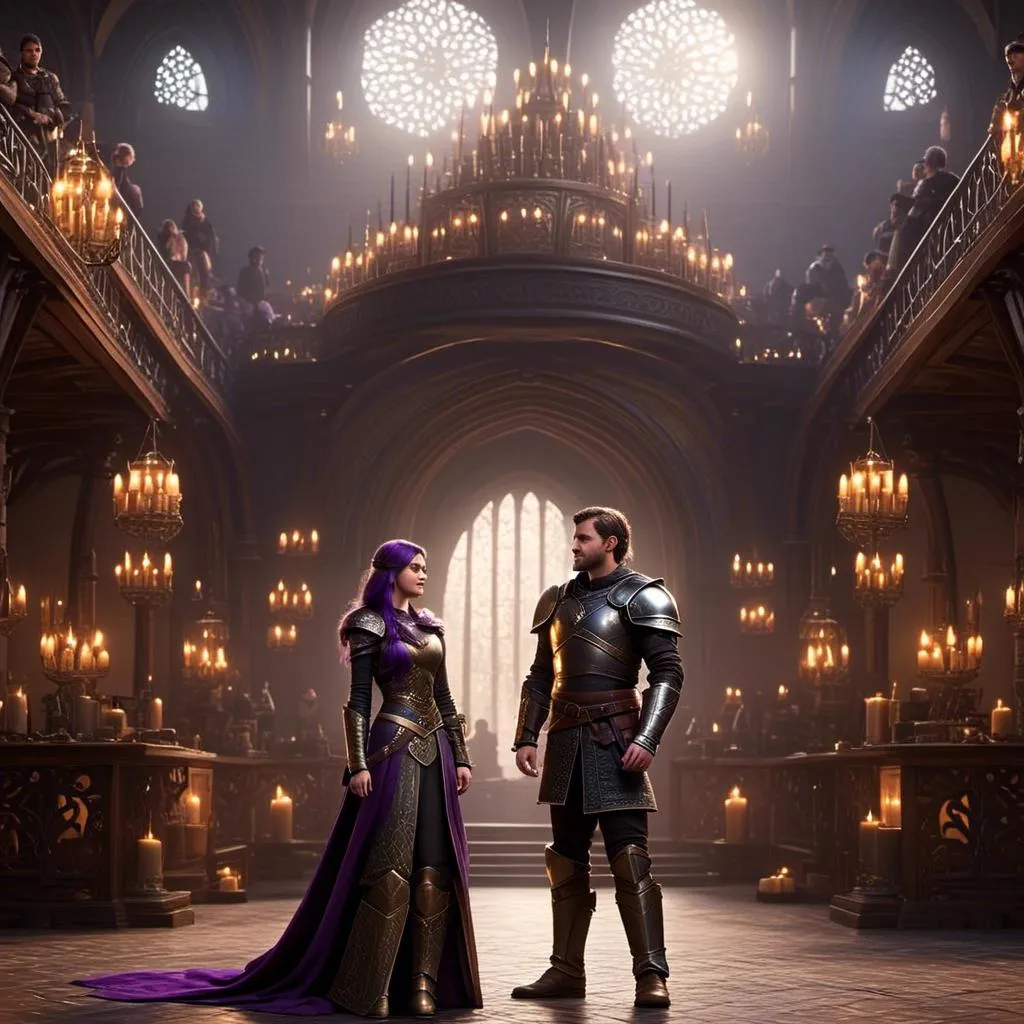 Prompt: Photo of <mymodel> standing in The Great Hall from How to Train Your Dragon with her husband Jarl Everson who is 24-years old who has brown (((short))) wavy hair