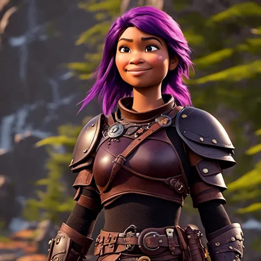 Prompt: <mymodel>CGi Animation, 25-year-old viking woman, purple hair, one braid, caucasian, subtle smile, light blue eyes, black gear, bright purple armor, black textures and highlights, unreal engine 8k octane, 3d lighting, full body, full armor