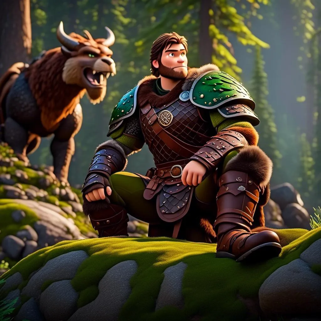 Prompt: <mymodel>Male viking warrior, thin and light muscle build, sitting on a boulder in the forest, there is a large green dragon with a flat body build standing next to the viking, viking has short brown hair, green eyes, green armor, brown gear, brown pants, brown boots, historical, strong and natural lighting, 8K octane, unreal engine