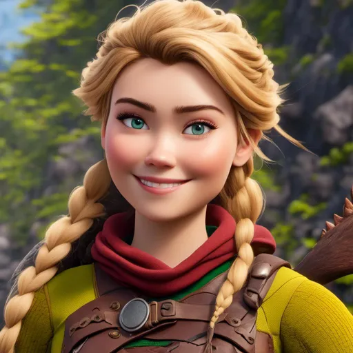 Prompt: <mymodel>CGi Animation, 20-year-old viking woman with one hair braid, subtle smile, blonde hair, light blue eyes, green gear, green armor, yellow clothes, red textures and highlights, unreal engine 8k octane, 3d lighting, full body, full armor