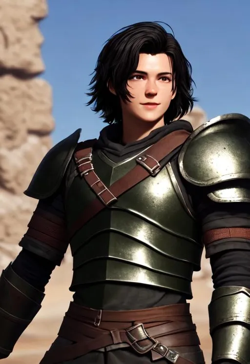 Prompt: Full character, kind of dorky, shy, Digital art, 22-year-old viking man, black hair. green armor. blue gear. medium-length black hair, subtle smile, short black stubble beard, hazel eyes, adventurer, blue sky background, unreal engine 8k octane, 3d lighting