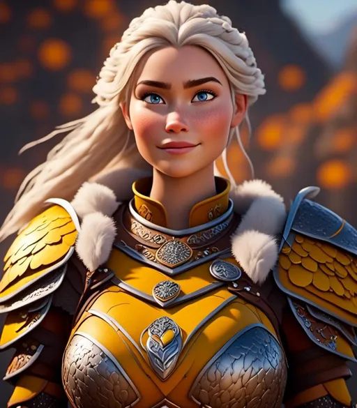 Prompt: <mymodel>CGI Animation, digital art, 20-year-old-old viking woman with light blue eyes, yellow clothes, gold colored armor, white hair, double braids down her shoulders with a tiara, subtle smile, unreal engine 8k octane, 3d lighting, close up camera shot on the face, full armor