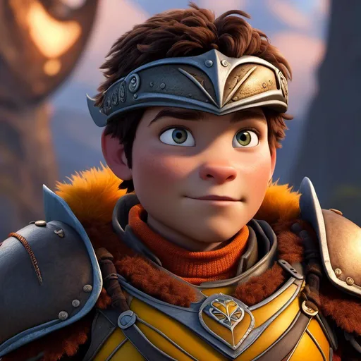 Prompt: <mymodel>Animated CGI style of a fierce 24-year-old Caucasian Viking with dark hair, light body build, intense gaze, realistic (yellow light armor) with highlights of orange textures, high quality, CGI, realistic, intense gaze, viking, male, Caucasian, detailed facial features, highres, professional, intense lighting