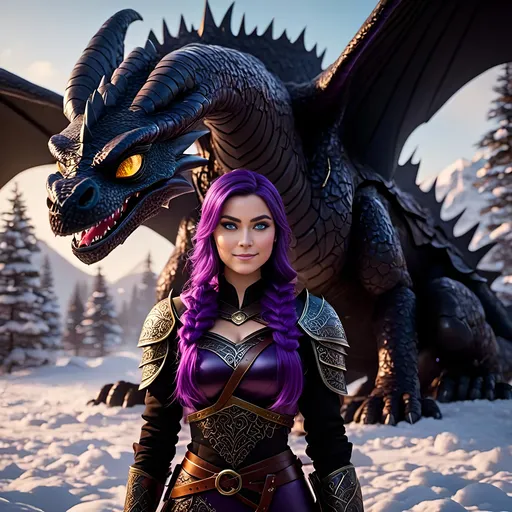 Prompt: Photo of <mymodel> standing next to her ((black)) razorwhip dragon from How to Train Your Dragon in the snow, she has light blue eyes