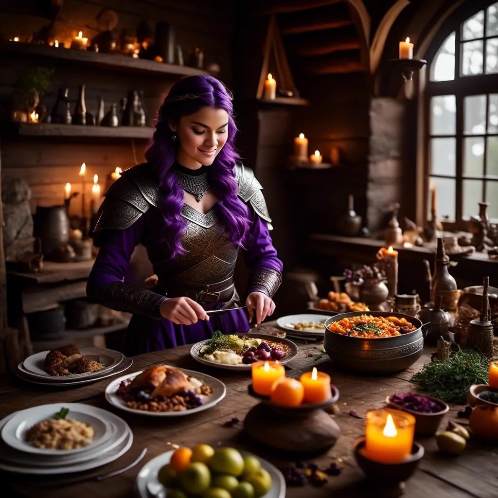 Prompt: Photo of <mymodel> setting the supper table with food prepared for two in her viking house