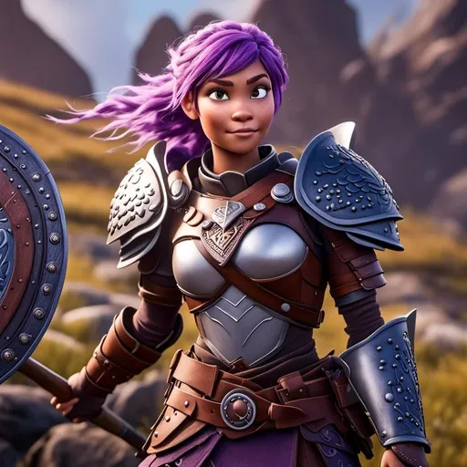 Prompt: <mymodel>Animated CGI style of a fierce ((Caucasian white)) Viking female about 25 years old, ((purple hair with a single braid)), detailed facial features, leather armor, battle axe and shield, intense and determined expression, dynamic and powerful pose, high definition, CGI, detailed armor, fierce female, Nordic designs, battle-ready, dynamic pose, professional lighting