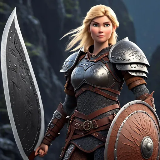 Prompt: <mymodel>Animated CGI style of a fierce Caucasian white Viking female about 25 years old, blond hair, detailed facial features, leather armor with intricate Nordic designs, battle axe and shield, intense and determined expression, dynamic and powerful pose, high definition, CGI, detailed armor, fierce female, Nordic designs, battle-ready, dynamic pose, professional lighting