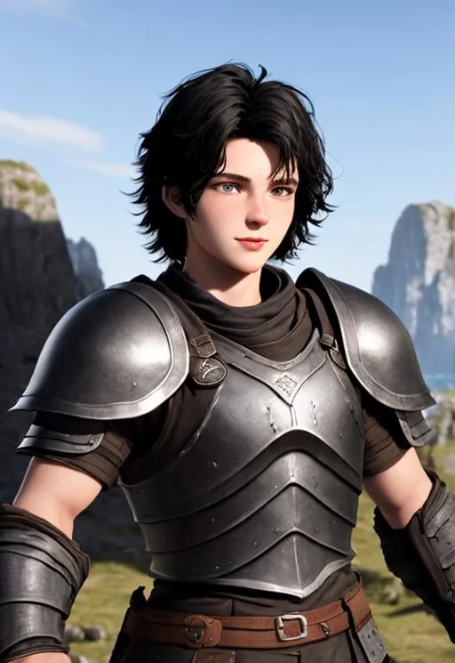 Prompt: Full character, kind of dorky, shy, Digital art, 22-year-old viking man, black hair. green armor. blue gear. medium-length black hair, subtle smile, short black stubble beard, hazel eyes, adventurer, blue sky background, unreal engine 8k octane, 3d lighting