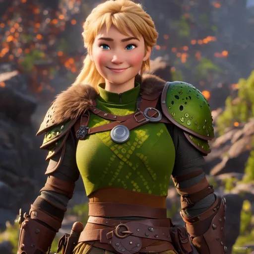 Prompt: <mymodel>CGi Animation, 20-year-old viking woman with one hair braid, subtle smile, blonde hair, blue eyes, green gear, green armor, yellow clothes, yellow textures and highlights, unreal engine 8k octane, 3d lighting, full body, full armor