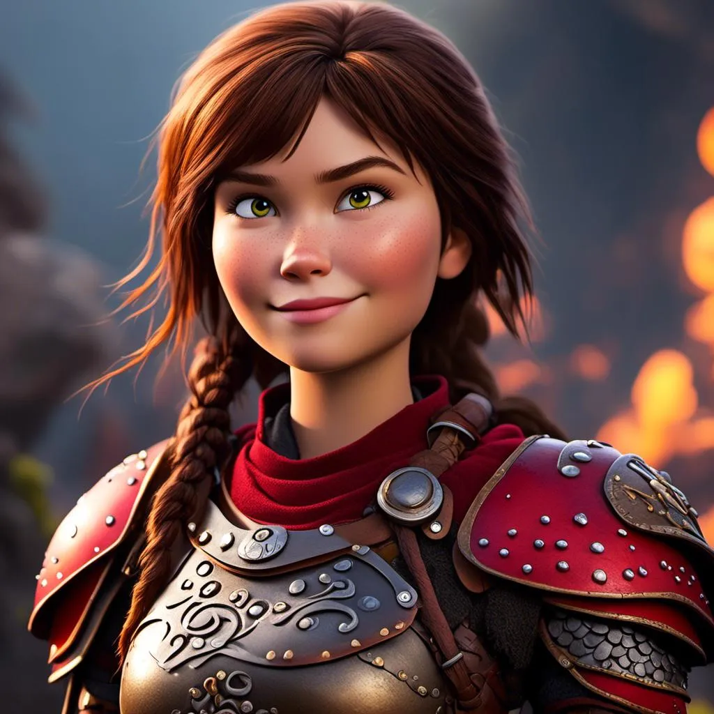 Prompt: <mymodel>CGI Animation of a viking female, brown hair in her face, hazel eyes, bright red gear and light armor, yellow highlights and textures, full light body armor, she has heavy gauntlets on her hands with armored gloves, standing in a viking village, intricate details, high quality, digital painting, cool tones, dramatic lighting