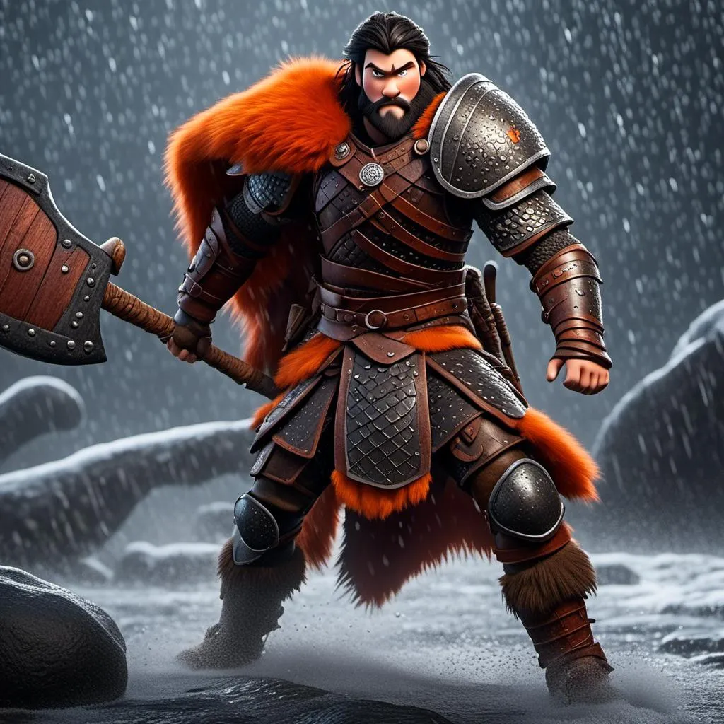 Prompt: <mymodel>Animated CGI style of a fierce Viking male about 25 years old, black hair, detailed facial features, leather armor {{((red))}} and orange armor, battle axe and shield, standing in the rain, intense and determined expression, dynamic and powerful pose, CGI, fierce male, Nordic designs, battle-ready, dynamic pose, professional lighting