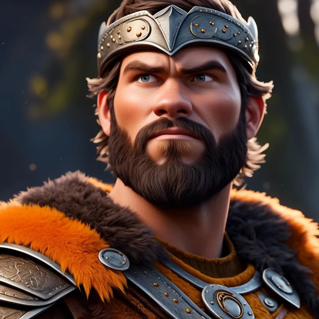 Prompt: <mymodel>Animated CGI style of a fierce Caucasian Viking with dark hair, intense gaze, realistic yellow armor with bursts of orange textures, high quality, CGI, realistic, intense gaze, viking, male, Caucasian, detailed facial features, fur textures, highres, professional, intense lighting