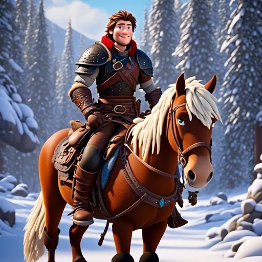 Prompt: <mymodel>CGI Animation, 20-year-old pirate man, rides a palomino horse through the snowy, a snowy scene, {{brown gear, silver armor}}, brunette hair, dreadlocks, subtle smile, beads hair, multiple braids, straight hair, blue eyes, bracelets, rings on fingers, mercenary gear, unreal engine 8k octane, 3d lighting, full body, full armor