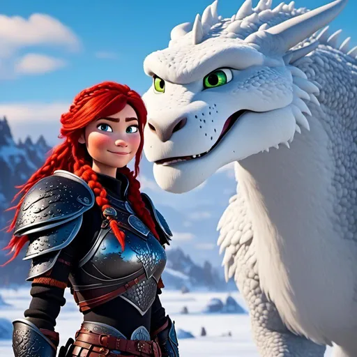 Prompt: <mymodel>CGI animation, 40-year-old woman, white dragon with light blue highlights, red hair, dreadlocks, braids, light blue eyes, black gear, black armor, standing on a snowy plain with her white dragon