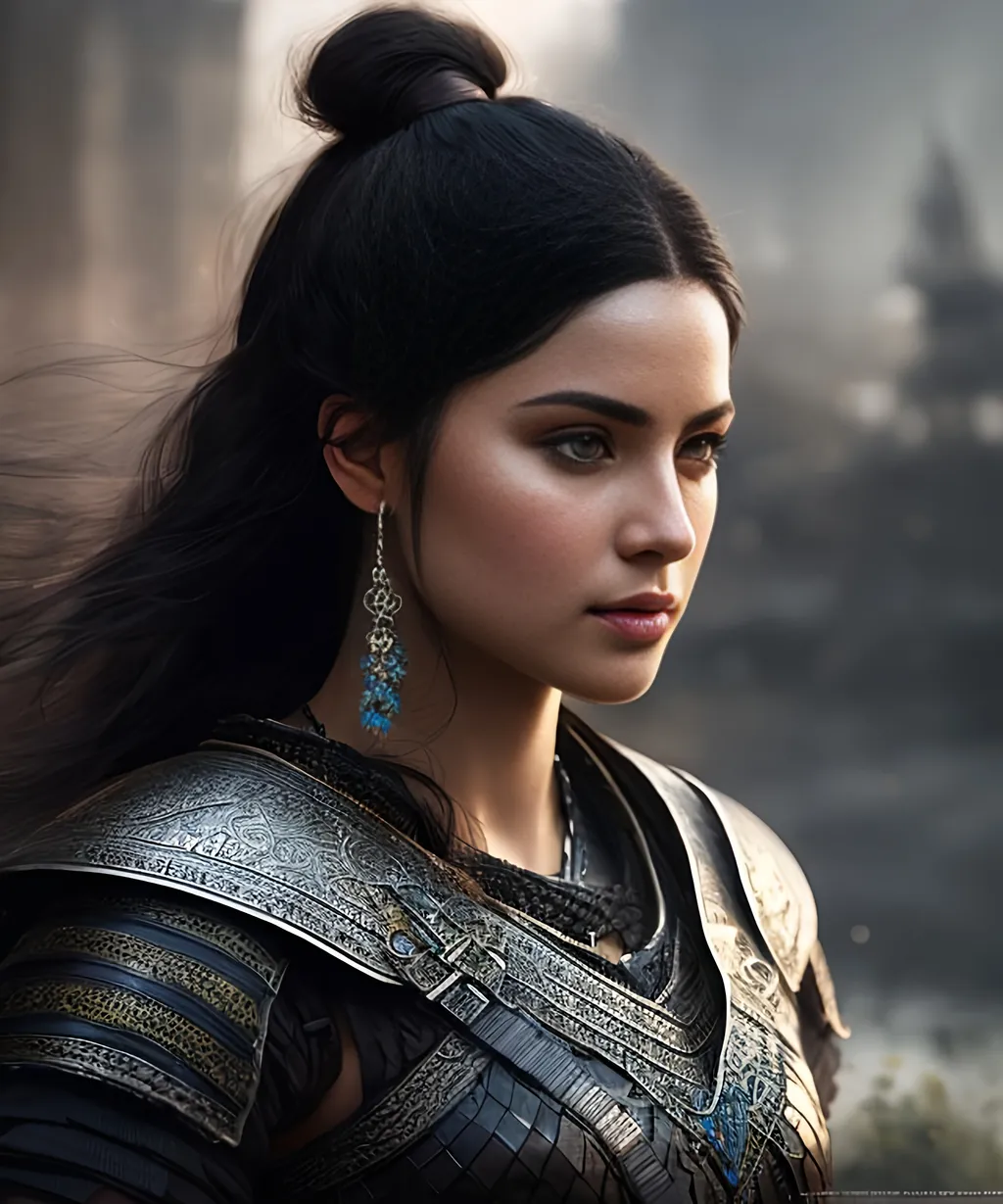 Prompt: she has black hair, create most beautiful fictional female viking princess warrior, black hair, extremely detailed environment, detailed background, intricate, detailed skin, professionally color graded, photorealism, 16k, moody lighting