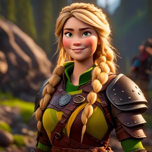 Prompt: <mymodel>CGi Animation, 20-year-old viking woman with one hair braid, subtle smile, blonde hair, blue eyes, green gear, green armor, yellow clothes, yellow textures and highlights, unreal engine 8k octane, 3d lighting, full body, full armor