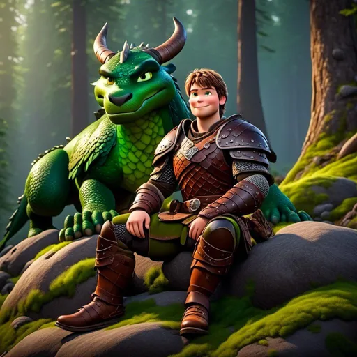 Prompt: <mymodel>Male viking warrior, thin and light muscle build, sitting on a boulder in the forest, there is a large green dragon next to him, short brown hair, green eyes, green armor, brown gear, brown pants, brown boots, historical, strong and natural lighting