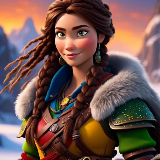 Prompt: <mymodel>CGI Animation, close-up portrait of the face, 20-year-old-old pirate woman sitting on a snow bank, a snowy scene, {{yellow gear, blue armor}}, brunette hair, dreadlocks, subtle smile, beads hair, small red earrings, multiple braids, yellow gear, straight hair, green eyes, bracelets, rings on fingers, mercenary gear, unreal engine 8k octane, 3d lighting, close up camera shot on the face, full armor