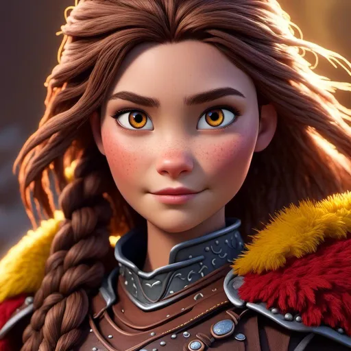 Prompt: <mymodel>CGI Animation of a viking female, brown hair with some braids, hazel eyes, bright red gear and armor, yellow highlights and textures, intricate details, high quality, digital painting, cool tones, dramatic lighting