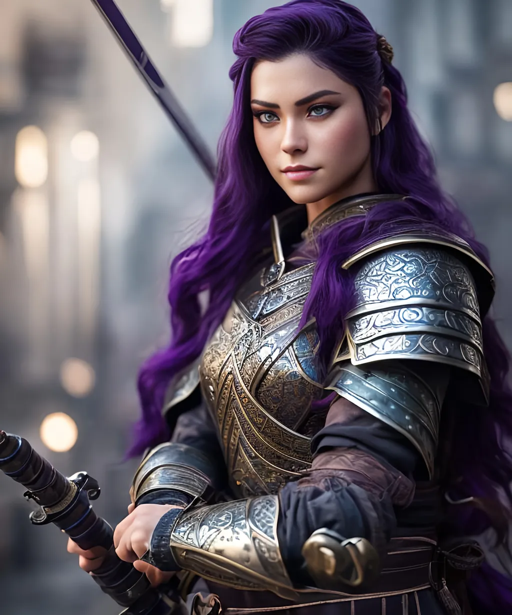 Prompt: she has dark purple hair, create most beautiful fictional female viking warrior, dark purple hair, light blue eyes, battle gear, full armor, extremely detailed environment, detailed background, intricate, detailed skin, professionally color graded, photorealism, 8k, moody lighting