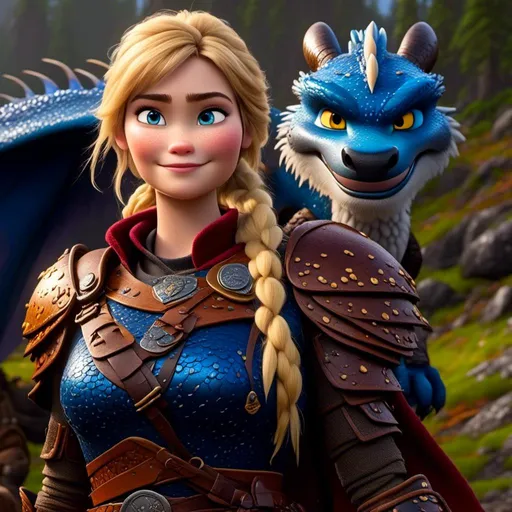 Prompt: <mymodel>CGi Animation, 20-year-old viking woman with blue eyes, a rainy scene, she is standing next to a bright blue dragon with gold highlights, they are both in the rain, the viking woman has a subtle smile, blonde hair in a pony tail style, she has blue gear, gold armor, black pants, black boots, unreal engine 8k octane, 3d lighting, full body, full armor