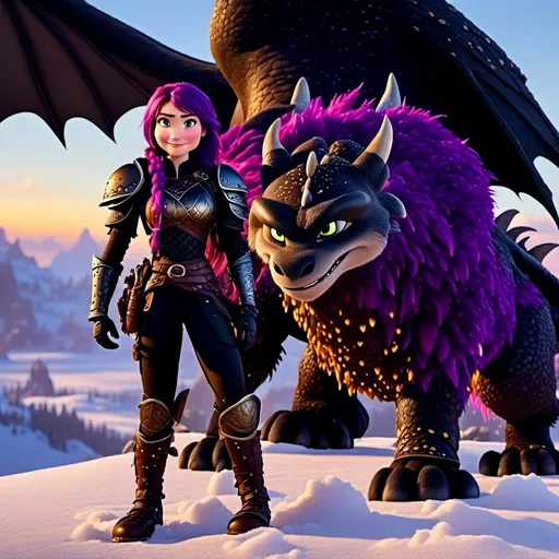 Prompt: Photo of <mymodel> standing next to her ((black)) razorwhip dragon from How to Train Your Dragon in the snow, viking warrior, purple hair, single braid down her shoulder, black gear, gold armor, black pants, gold boots