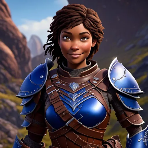 Prompt: <mymodel>Digital art, 18-year-old viking woman, subtle smile, cobalt blue gear, cobalt blue armor, brunette hair, two braids, dark brown eyes, unreal engine 8k octane, 3d lighting, full body, full armor