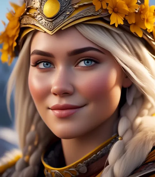 Prompt: <mymodel>CGI Animation, digital art, 20-year-old-old viking woman with light blue eyes, yellow clothes, gold colored armor, white hair, straight hair with a tiara and a mask on her eyes, subtle smile, unreal engine 8k octane, 3d lighting, close up camera shot on the face, full armor