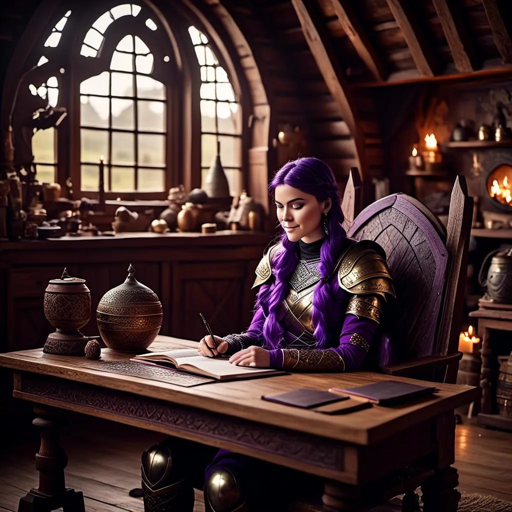 Prompt: Photo of <mymodel> with no armor casually relaxing sitting at a desk in her viking house