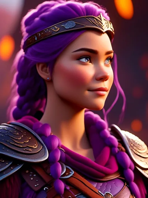 Prompt: <mymodel>CGI Animation, digital art, 20-year-old-old viking woman with light blue eyes, standing in a battle arena at the ready, purple hair with purple strands, single braid down her shoulder with a tiara, subtle smile, unreal engine 8k octane, 3d lighting, close up camera shot on the face, full armor