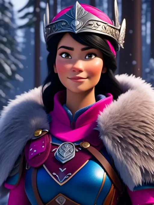 Prompt: <mymodel>CGI Animation, digital art, 20-year-old-old viking woman of royalty standing in the forest, a snowy scene, {{pink gear, blue armor}}, black hair, straight hair with a tiara, subtle smile, unreal engine 8k octane, 3d lighting, close up camera shot on the face, full armor