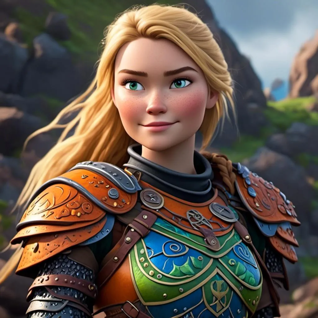 Prompt: <mymodel>CGI Animation of female viking, blonde straight hair, blue eyes, bright orange and green armor, yellow highlights dor gear and textures, full light body armor, standing in a viking village, intricate details, high quality, digital painting, cool tones, dramatic lighting