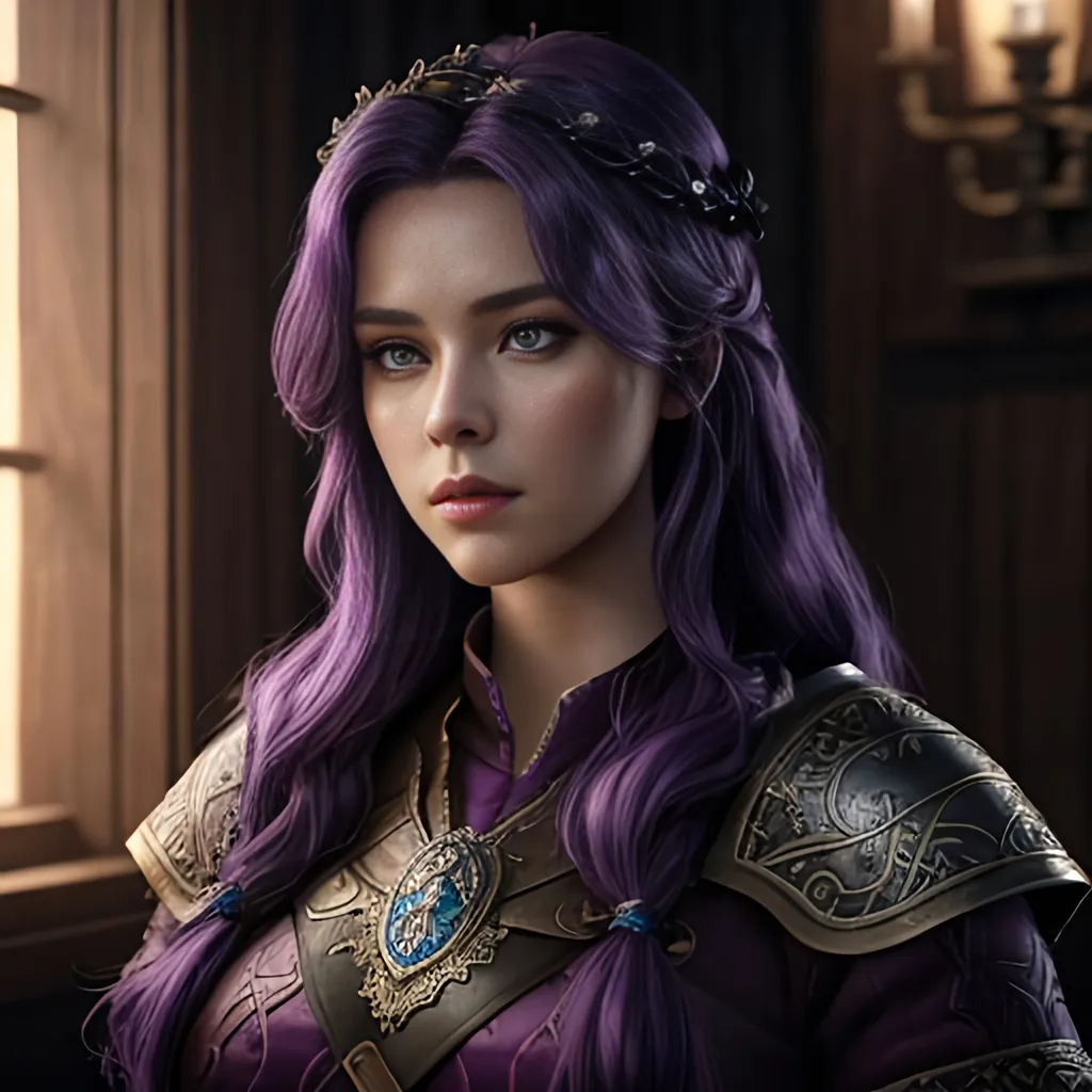 Prompt: create most beautiful fictional female viking princess, (((dark purple hair))), commanding her citizens, extremely detailed environment, detailed background, intricate, detailed skin, professionally color graded, photorealism, 8k, moody lighting