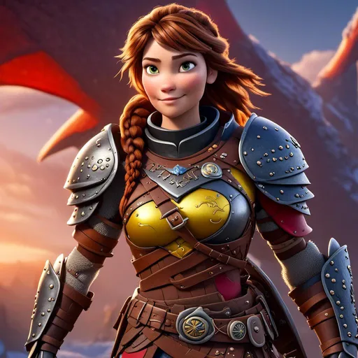 Prompt: <mymodel>CGI Animation of a viking female, brown hair with some braids, hazel eyes, bright red gear and armor, yellow highlights and textures, intricate details, high quality, digital painting, cool tones, dramatic lighting