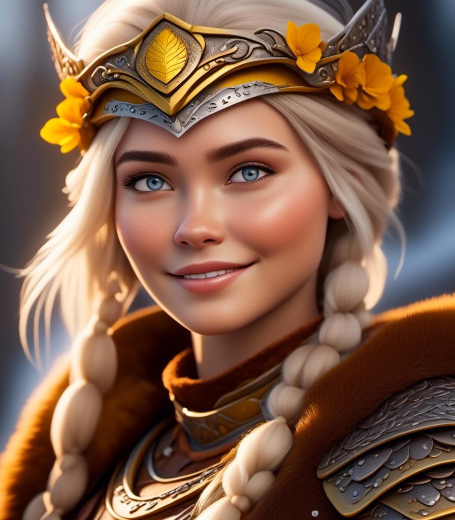 Prompt: <mymodel>CGI Animation, digital art, 20-year-old-old viking woman with light blue eyes, yellow clothes, gold colored armor, white hair, straight hair with a tiara, subtle smile, unreal engine 8k octane, 3d lighting, close up camera shot on the face, full armor