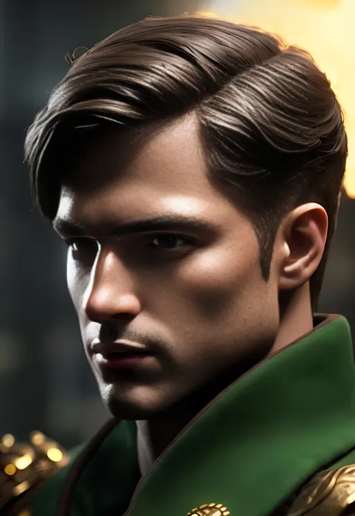 Prompt: he has short brown comb over hair, create most handsome fictional male prince viking warrior, short brown hair, light green eyes, extremely detailed environment, detailed background, intricate, detailed skin, professionally color graded, photorealism, 8k, moody lighting