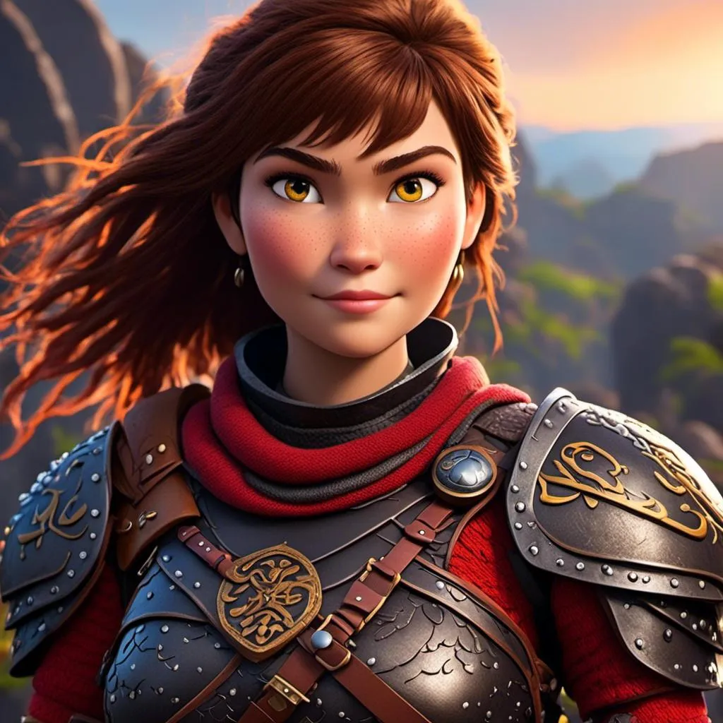 Prompt: <mymodel>CGI Animation of a viking female, brown hair in her face, hazel eyes, bright red gear and light armor, yellow highlights and textures, full light body armor, she has heavy gauntlets on her hands with armored gloves, standing in a viking village, intricate details, high quality, digital painting, cool tones, dramatic lighting