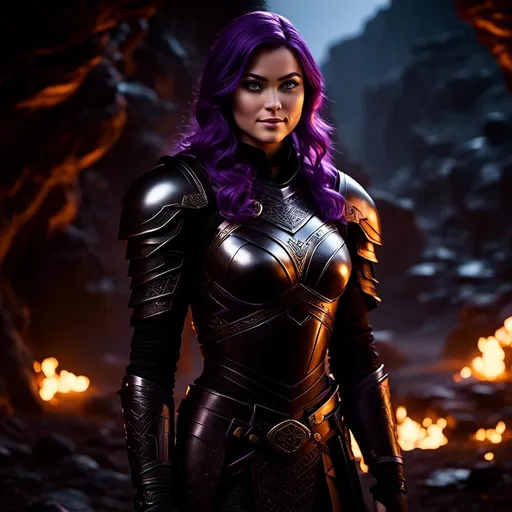 Prompt: <mymodel>25-year-old viking woman, subtle smile, light blue eyes, black gear, bright black armor, wearing an iron-man like suit of armor, black textures and highlights, standing in the shadows of the a dark cave at night, short focus, blurry background, moonlit scene, unreal engine 8k octane, 3d lighting, full body, full armor