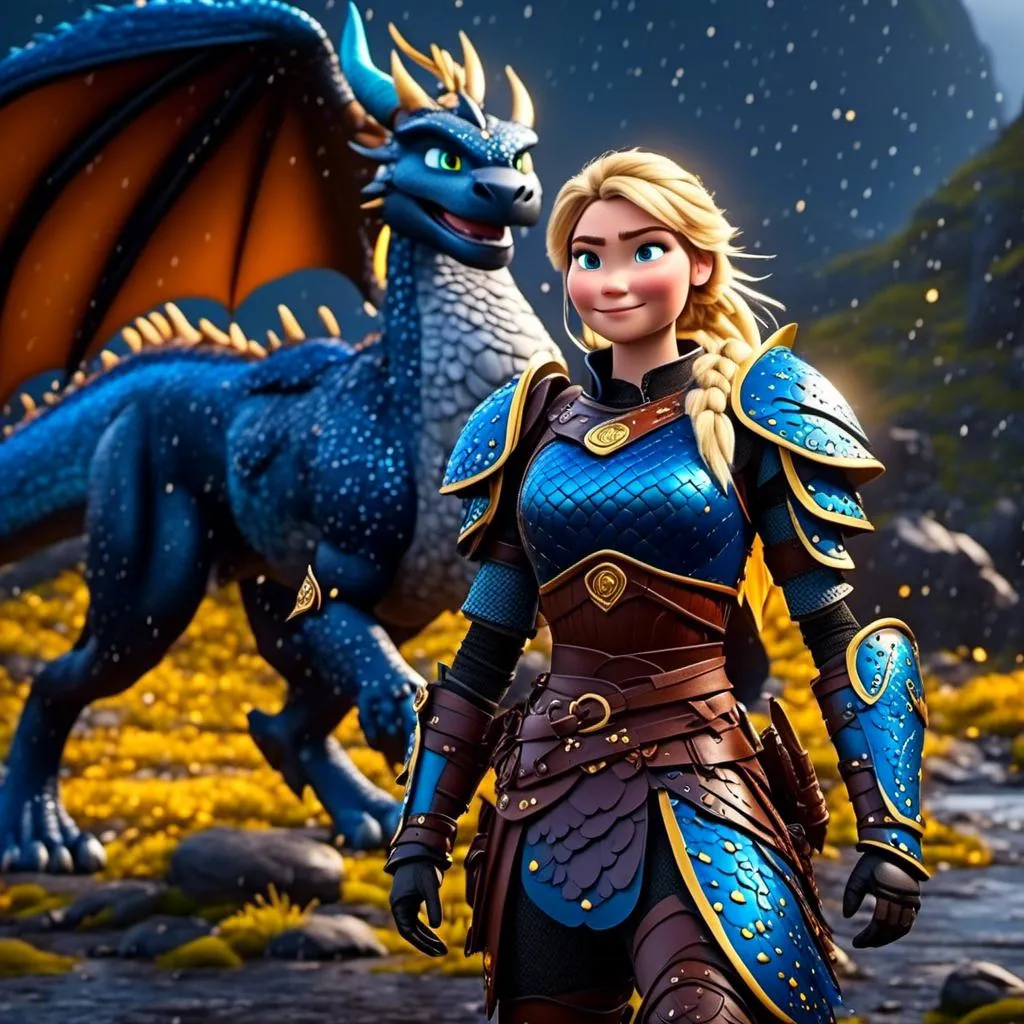 Prompt: <mymodel>CGi Animation, 20-year-old viking woman with blue eyes, a rainy scene, she is standing next to a bright blue dragon with gold highlights, they are both in the rain, the viking woman has a subtle smile, blonde hair in a ponytail style, she has blue gear, gold armor, black pants, black boots