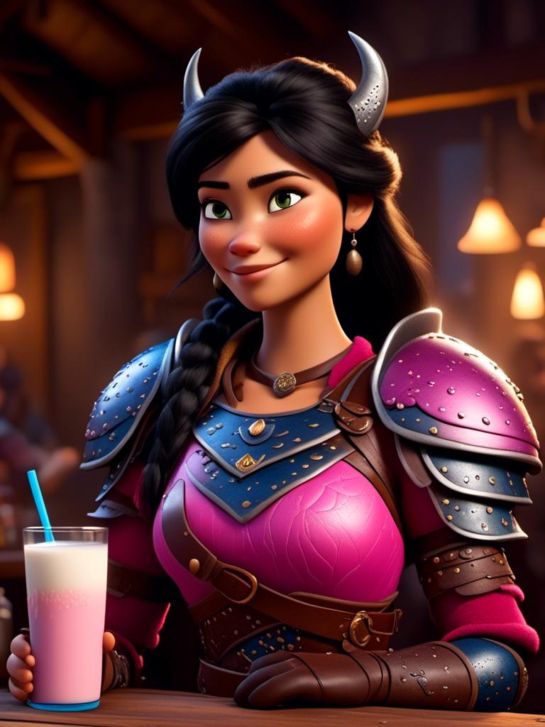 Prompt: <mymodel>CGI Animation, digital art, 20-year-old-old viking woman of royalty standing a busy tavern having a drink of milk, {{pink gear, blue armor}}, black hair, straight hair with a tiara, subtle smile, unreal engine 8k octane, 3d lighting, close up camera shot on the face, full armor