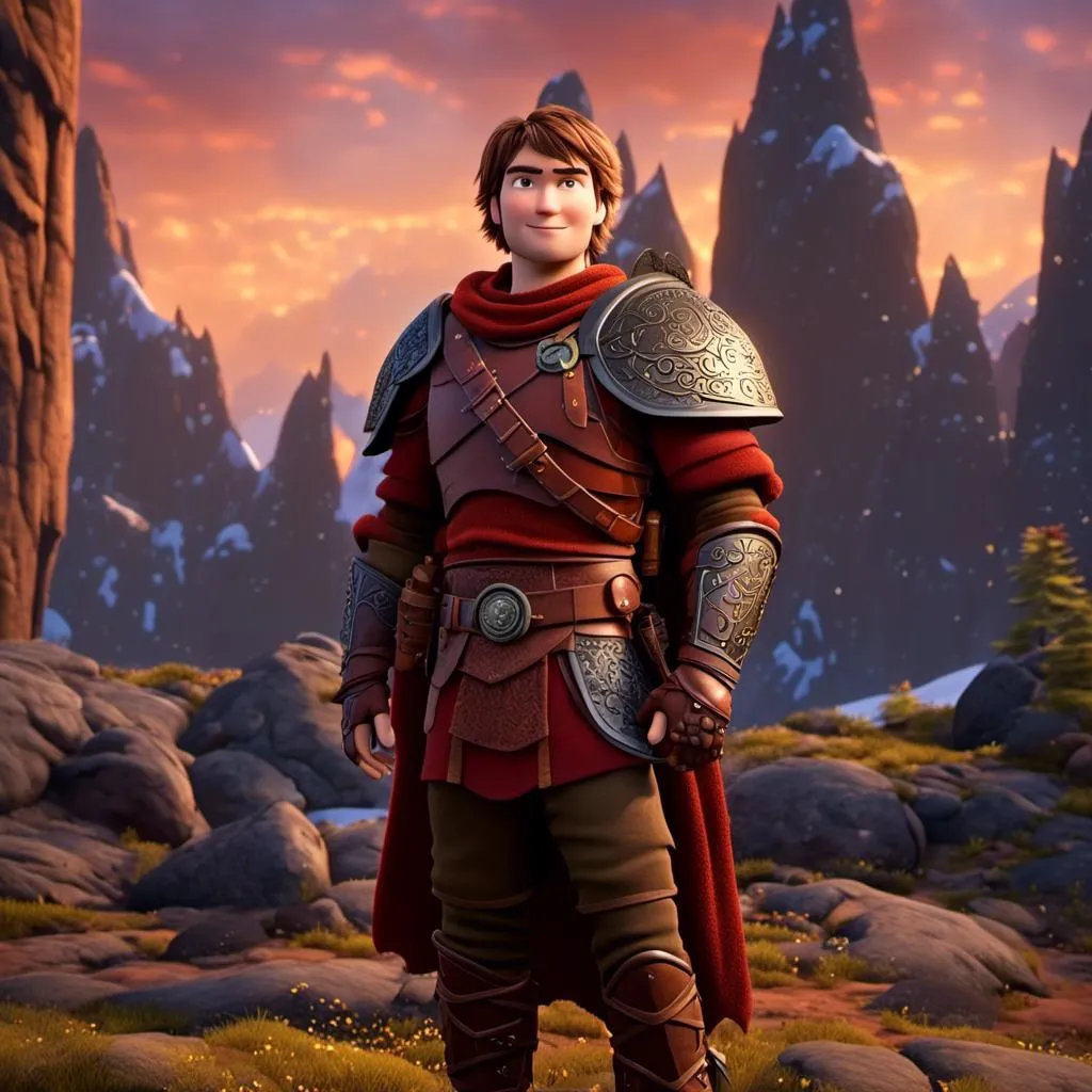 Prompt: <mymodel>Animated CGI style of a light build Caucasian Viking with brown hair, orange armor, maroon clothing textures, high quality, CGI, content gaze, viking, male, Caucasian, highres, professional, intense lighting