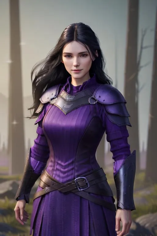 Prompt: Digital Art, 25-year-old viking woman, purple gear, purple clothes, subtle smile, black straight hair, dark purple eyes, a dark purple long-sleeve shirt, textured skirt down to knees, dark purple pants, dark purple armor, long black hair with volume, middle part in hair, leather boots, dark purple gear, unreal engine 64k octane, hdr, 3d lighting, full body, full armor