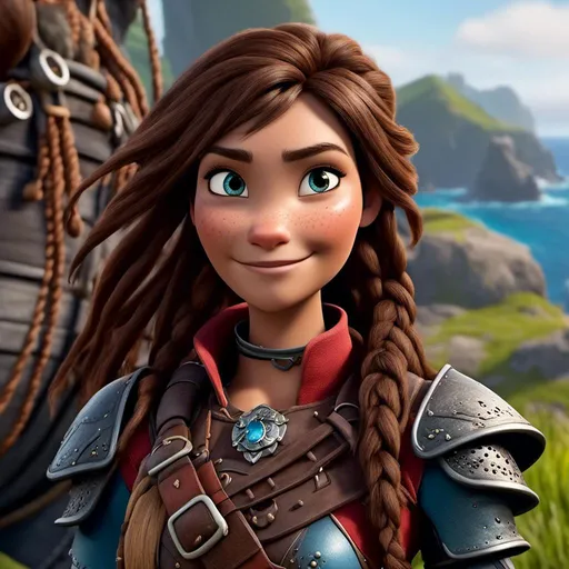 Prompt: <mymodel>CGI Animation, 20-year-old-old pirate woman, head is in rhe shape of an oval, {{brown gear, silver armor}}, brunette hair, dreadlocks, subtle smile, beads hair, small red earrings, multiple braids, straight hair, blue eyes, bracelets, rings on fingers, mercenary gear, unreal engine 8k octane, 3d lighting, full body, full armor