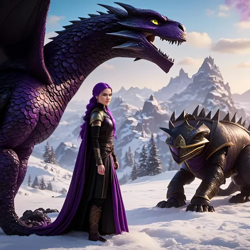 Prompt: Photo of <mymodel> standing next to her ((black)) razorwhip dragon from How to Train Your Dragon in the snow, she has light blue eyes