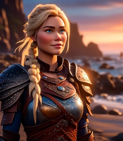 Prompt: <mymodel>CGI Animation, digital art, 20-year-old-old viking woman with light blue eyes standing around several hot springs on a beach, sunset lighting, blue clothes, blue colored armor, blonde straight hair, subtle smile, unreal engine 8k octane, 3d lighting, cinematic lighting, camera shot of full armor from head to toe